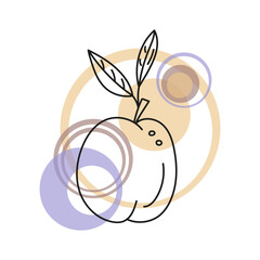 Outline vector illustration of a plum with pits, abstract color in the form of a spots. Hand drawn badge and symbol for printing on baby clothes, textile design, design for grocery store, menu, for