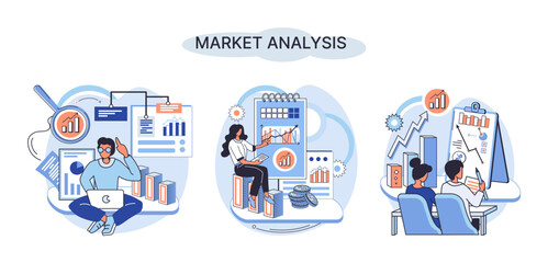Fototapeta na wymiar Market analysis metaphor marketing strategy development. Business research. Identify business determine solutions business problems solving. Marketer analyzes sales plan, doing an advertising campaign