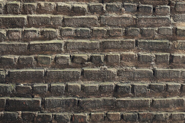 Empty Old Brick Wall Texture. Painted Distressed Wall Surface. Grungy Wide Brickwall. Grunge Red Stonewall Background. Shabby Building Facade With Damaged Plaster. 