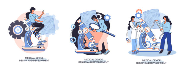 Medical research. Laboratory diagnostic services, medical device design development scenes metaphor. Scientists in hemistry clinic laboratories, microbiology pharmaceutical research. Vaccine discovery