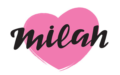 Milan, city logo. Vector hand lettering. Black drawn letters on the pink heart white background. Digital illustration for traveling card brochure poster banner packaging flyer luggage. Traveling.