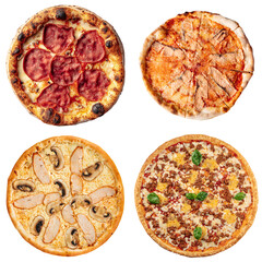 Collage set of four different pizzas for menu isolated