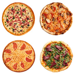 Set of different pizzas collage isolated png