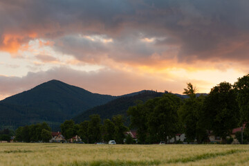 Evening view of Bystricka village and Mala Fatra mountains, Slovakia.