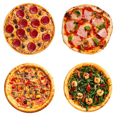 Isolated png collage of various types of pizza