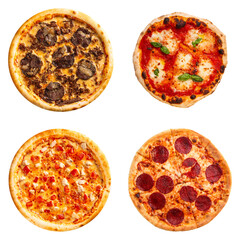 Isolated png collage of various types of pizza