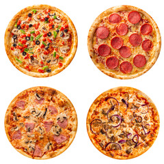 Isolated png collage of various types of pizza