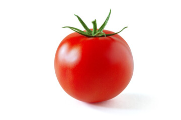 One red tomato close-up isolate on a white background. Ripe tomato with leaves with clipping path