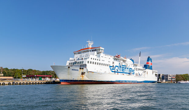 Gdansk, Poland - August 14, 2022: A picture of a large passenger and roll on-roll off cargo ship from Polferries docked in the Port of Gdansk.