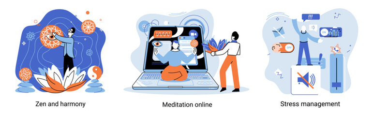 Meditation online. Self-management, self regulation learning, self-organization course, control over emotions metaphor Online yoga at home meditating. Deals with stress management, zen and harmony