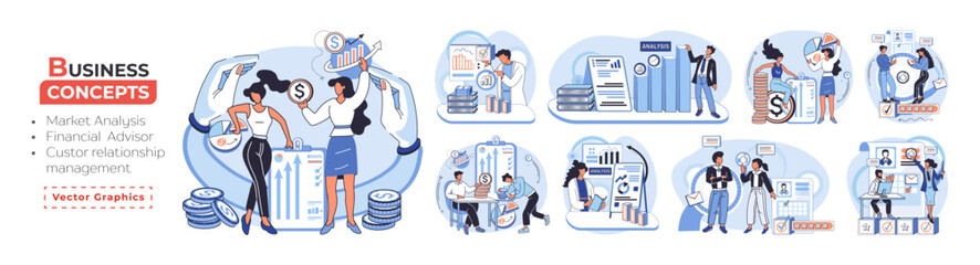 Market statistics analysis, financial advisor, customer relationship management business themes metaphor. Investment money, management planning for customer. Fiscal consultantation, client interaction