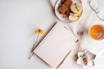 Aesthetic and styled morning journaling routine flat lay with copy space
