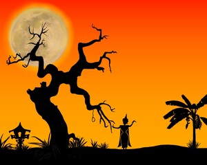 Silhouettes of buddhist temple, trees etc isolated on background. Black for Halloween Thai style.