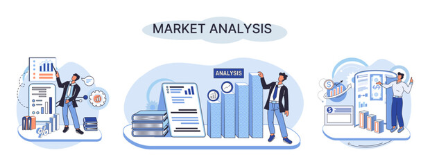 Market analysis metaphor marketing strategy development. Business research. Identify business determine solutions business problems solving. Marketer analyzes sales plan, doing an advertising campaign