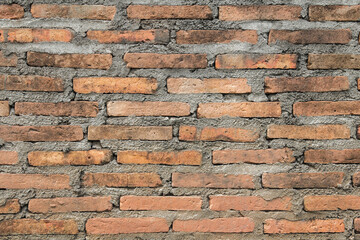 Empty Old Brick Wall Texture. Painted Distressed Wall Surface. Grungy Wide Brickwall. Grunge Red Stonewall Background. Shabby Building Facade With Damaged Plaster. 
