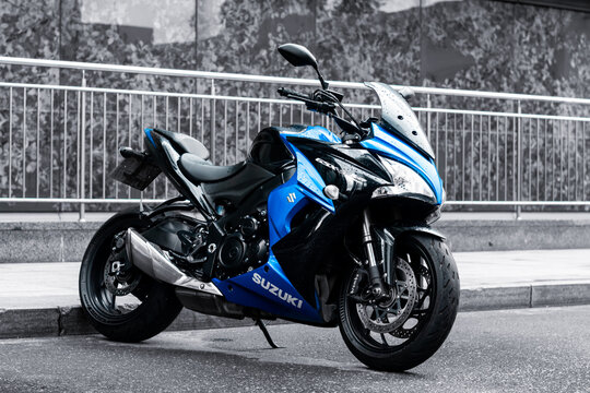 Suzuki GSX S 1000F motorcycle parked on street. Front side view of new motorbike