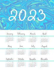 2023 wall calendar with liquify effect texture. 12 months on one page. Week starts on Sunday. Hand drawn numbers, Vector design