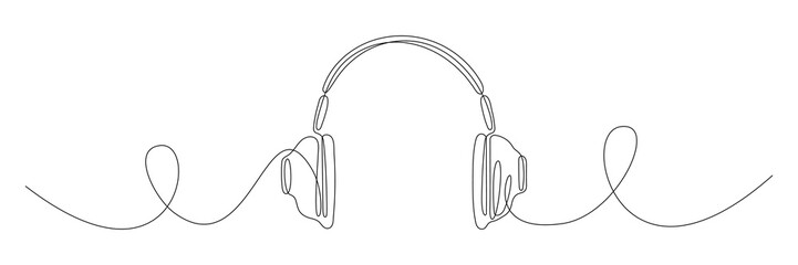 Headphones continuous line art. Hand drawing music gadget symbol. Vector isolated on white.