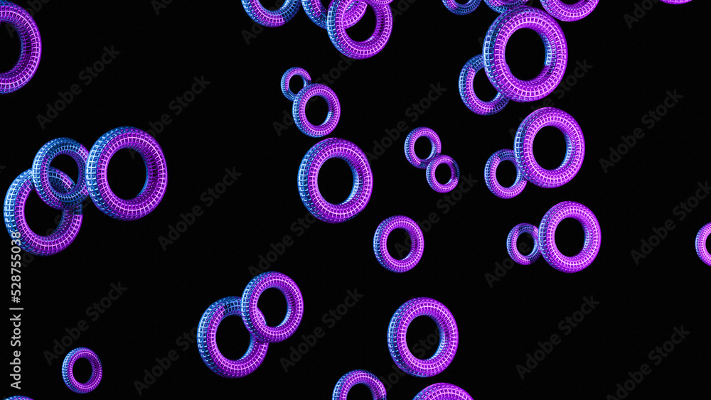 Poster abstract background wired donut wall paper design with neon color donut on black background