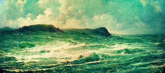Watercolor style north Atlantic beach shoreline with strong windy ocean waves and jagged rocks - stormy overcast clouds. Beautiful panoramic art seascape in turquoise green tint. 
