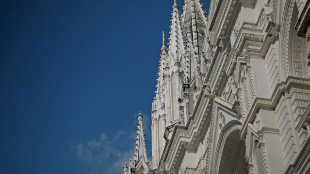 Dolly shot of detail of the facade of The Cathedral of Our Lady Saint Anne located in Santa Ana, El Salvador