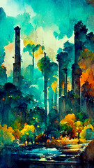 solarpunk city and forest abstract watercolor, generative ai