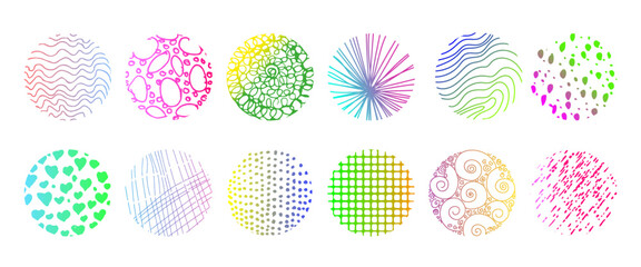 Set of round abstract colored hand drawn doodle shapes. Spots, drops, curves, lines. Backgrounds in the form of a circle of spots, lines, splashes, stripes and dots.