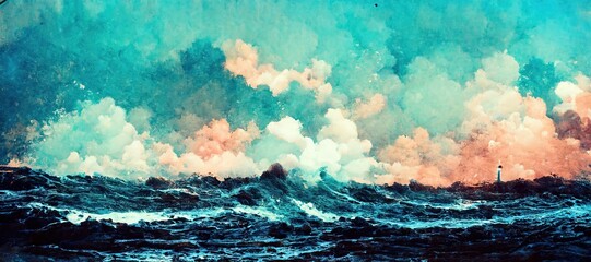 Watercolor style north Atlantic windy ocean waves - stormy overcast late afternoon clouds. Beautiful panoramic seascape in turquoise blue and golden hour tint.