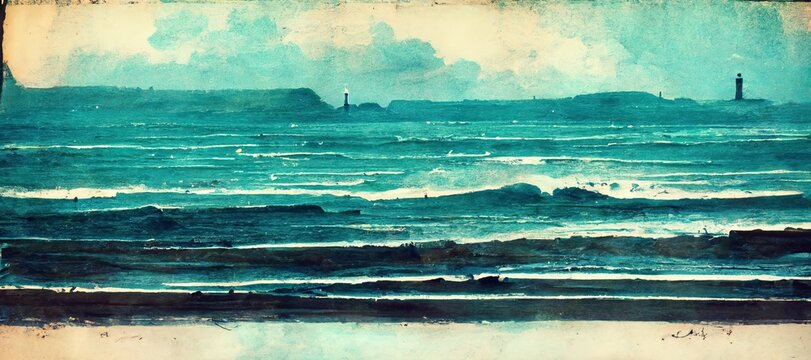 Watercolor style north Atlantic shoreline with strong windy ocean waves and jagged rocks with lighthouse - stormy overcast clouds. Beautiful panoramic seascape in turquoise blue tint.  