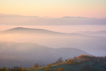 carpathian mountains at foggy sunrise. beautiful autumn landscape with forested rolling hills and glowing cloud inversion in the distance valley