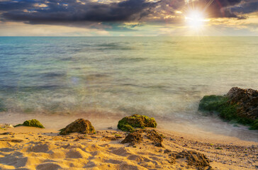 minimalistic seascape in summer at sunset. beach sea and horizon. purity in nature in evening light