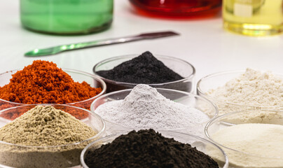 pigments for coloring, colored iron oxide, in petri dish, laboratory, precision balance, industrial...