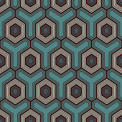 Honeycomb seamless pattern. Hexagon mosaic tiles ornament. Ethnic surface print. Repeated geometric figures background. Ornamental wallpaper. Modern geo design digital paper. Vector abstract work.