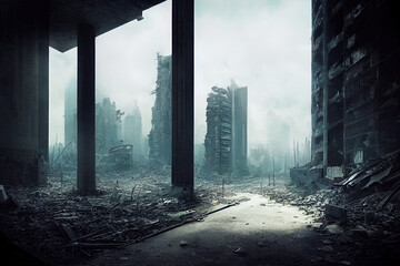 Post-apocalyptic military urban landscape, dilapidated house frames, scattered debris and debris, deserted streets, black smoke from the fires of war. 