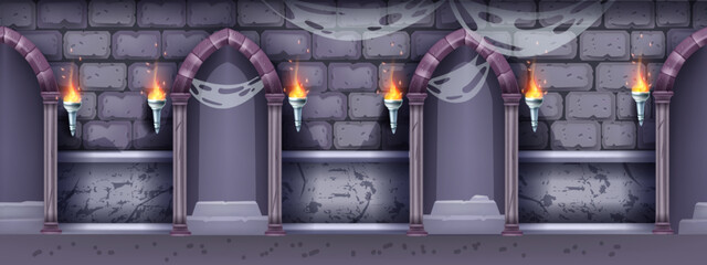 Naklejka premium Castle dungeon interior seamless background, stone arch wall, vector game medieval night corridor. Ancient scary Halloween underground prison, spiderweb, column, torch. Castle interior cartoon design