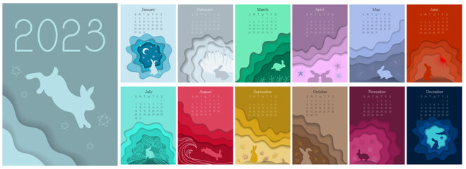 Creative vector vertical calendar 2023 in paper cut style. Week starts in Sunday. Set of 12 pages and cover with symbol of the year rabbit.
