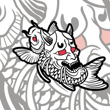 oni mask with koi fish vector illustration