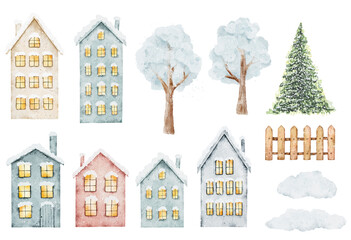 Set of watercolor snow-covered houses and trees, wooden fence and christmas tree isolated on white background.