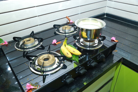 Bangalore, India 8th June 2022: Graha Pravesh. Grah or gruh Pravesh is a Hindu ceremony performed on the occasion of an individual's first time entering their new home. Hindu Hawan pooja Rituals.  