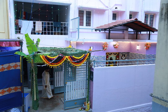 Bangalore, India 8th June 2022: Graha Pravesh. Grah or gruh Pravesh is a Hindu ceremony performed on the occasion of an individual's first time entering their new home. Hindu Hawan pooja Rituals.  