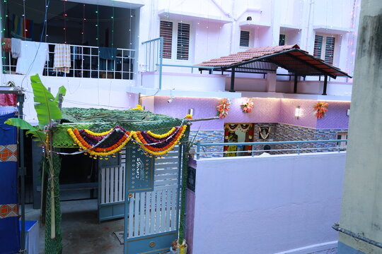 Bangalore, India 8th June 2022: Graha Pravesh. Grah or gruh Pravesh is a Hindu ceremony performed on the occasion of an individual's first time entering their new home. Hindu Hawan pooja Rituals.  