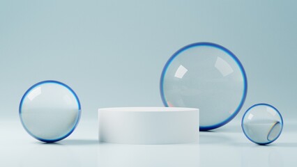 white mockup podium or pedestal with crystal ball, empty platform for product showcase, 3d rendering