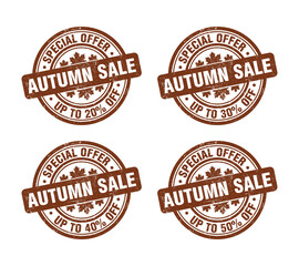 Fototapeta premium Autumn sale brown grunge stamp set. Special offer up to 20, 30, 40, 50 percent off