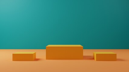 3d rendering yellow pedestal or podium mockup display, empty platform with green backdrop for product showcase