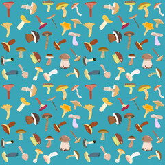Seamless pattern with different edible mushrooms. Background for textiles, covers. Color vector illustration in a flat style.