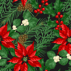 Seamless pattern with winter plants. Merry Christmas and Happy New Year decoration.