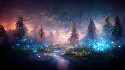 Mystical forest scene at night as digital art - obrazy, fototapety, plakaty