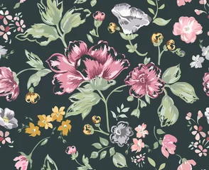 Fotobehang Floral pattern. Pink and blue flowers background. Hand drawn vector illustration © ka_lou
