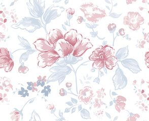 Floral pattern. Pink and blue flowers background. Hand drawn vector illustration