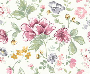 Floral pattern. Pink and blue flowers background. Hand drawn vector illustration - 528759607